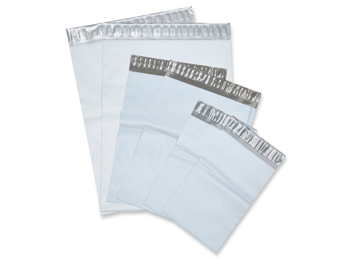 White poly mailer shipping bags in several sizes